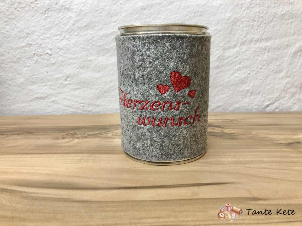 Spardose mit Filzhülle bestickt - Herzenswunsch