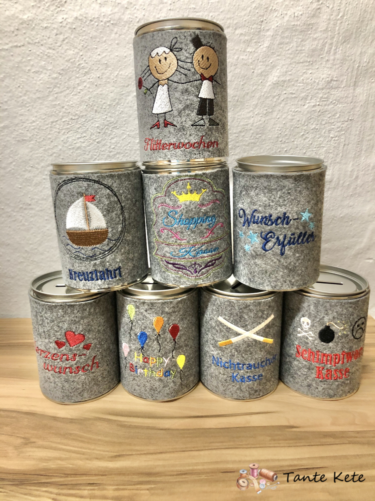 Spardose mit Filzhülle bestickt - Benzingeld