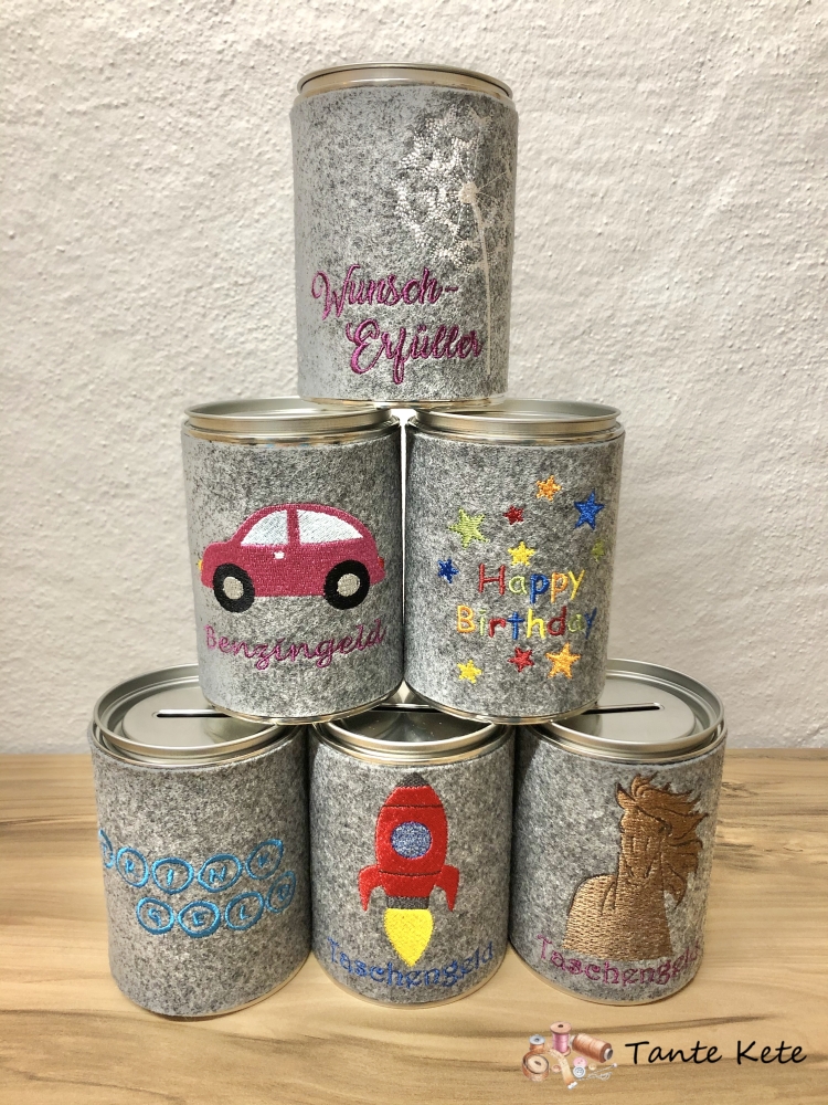 Spardose mit Filzhülle bestickt - Benzingeld