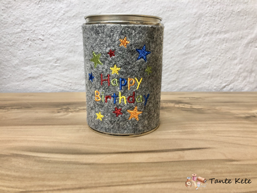 Stickdatei für Spardosen - Happy Birthday & Sterne 10x10