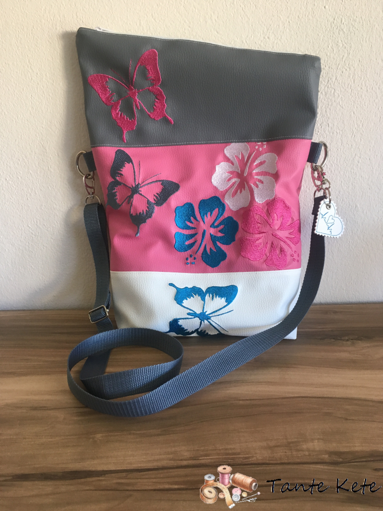 Umhängetasche "FoldOver" mit 3x Stickerei Schmetterling & Hibiskus