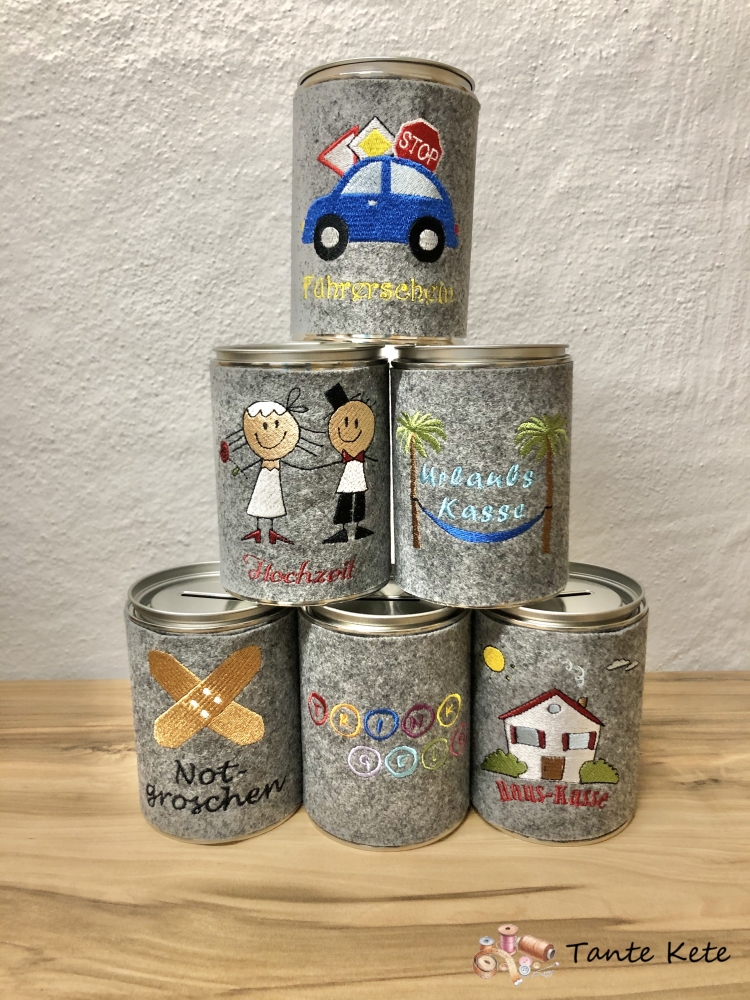 Spardose mit Filzhülle bestickt - Hauskasse