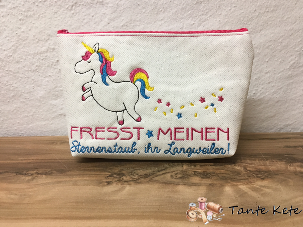 Schminktäschchen aus Glitzerkunstleder mit Stickerei Einhorn - Fresst meinen Sternenstaub, ihr Langweiler!