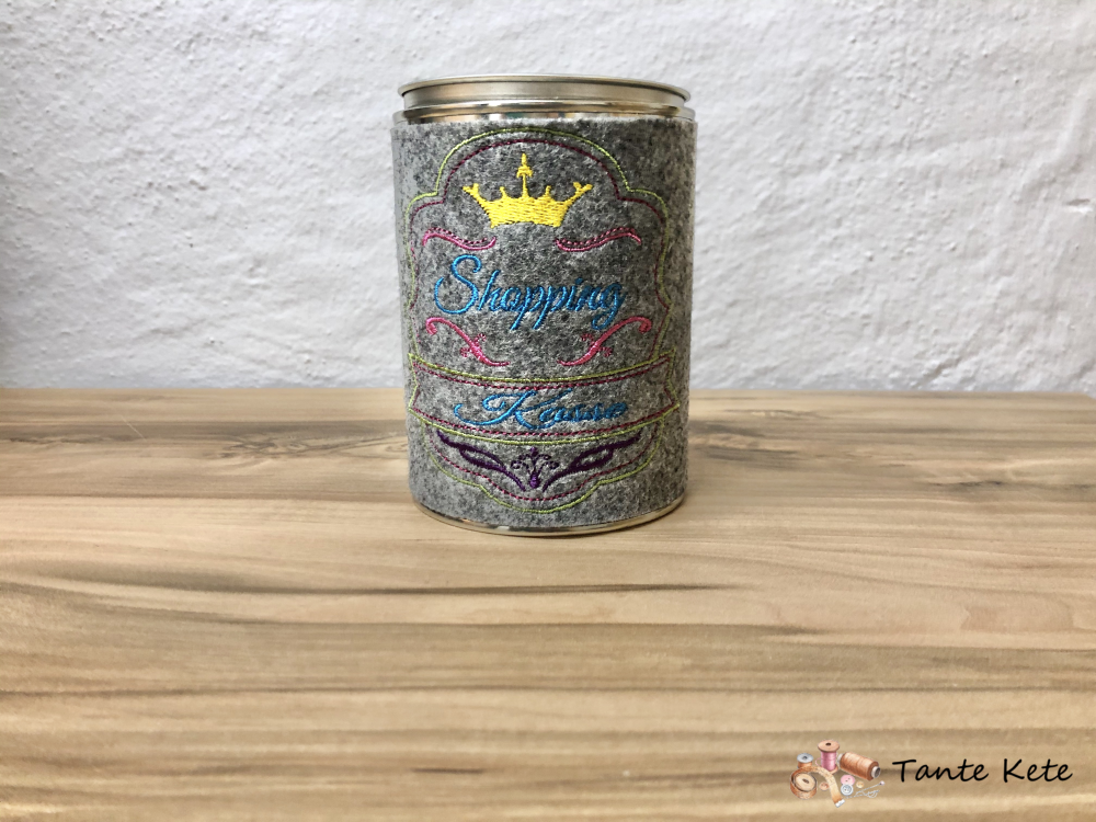 Spardose mit Filzhülle bestickt - Shoppingkasse