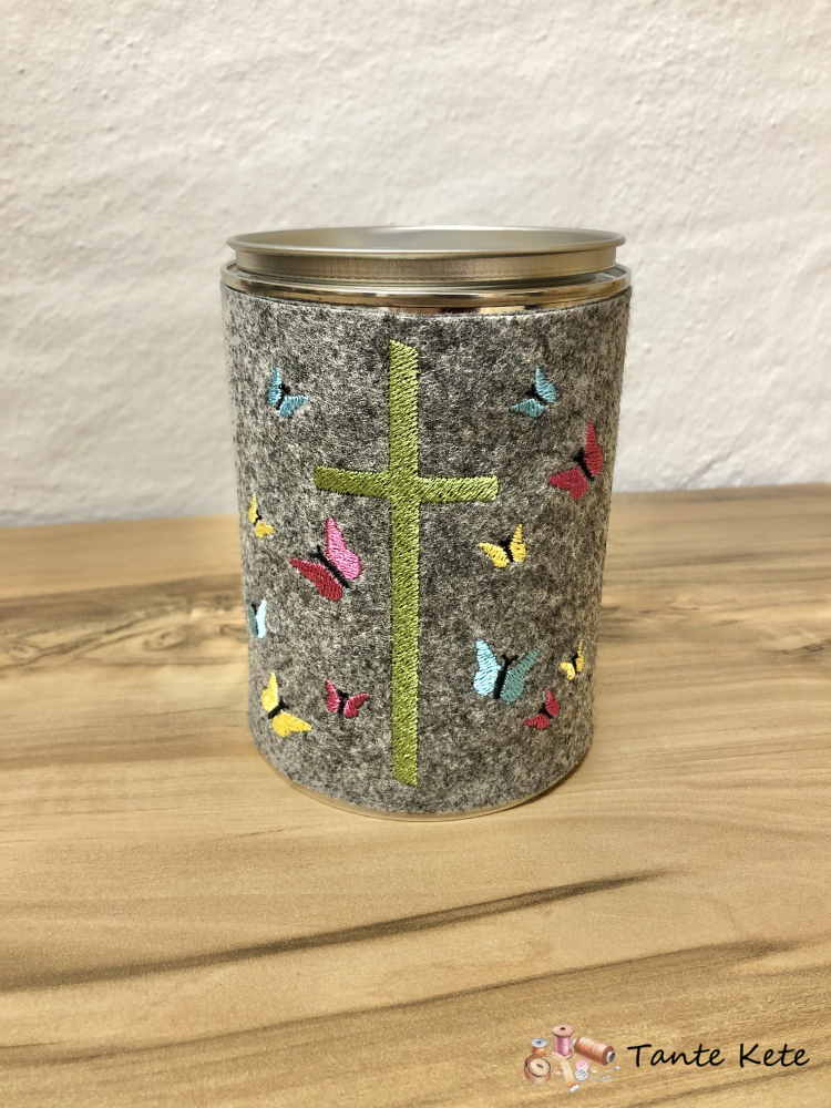 Spardose mit Filzhülle bestickt - Kreuz 6