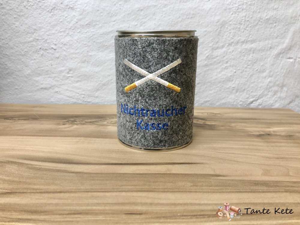 Spardose mit Filzhülle bestickt - Nichtraucherkasse